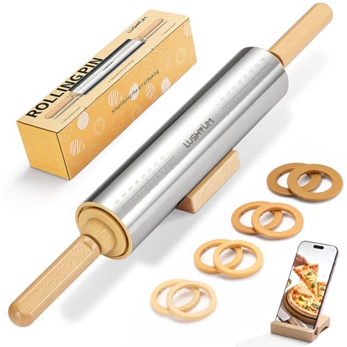 LUSHYUM 304 Stainless Steel Adjustable Rolling Pin with Thickness Rings