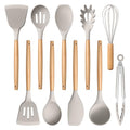E-far Silicone Cooking Utensils Set, 10-Piece Heat Resistant Kitchen Utensils Set with Wooden Handle for Nonstick Cookware, Kitchen Nonstick Tools Spatula Whisk Tongs Ladle, Non-toxic & Healthy(Khaki) - color: Khaki, size: 10