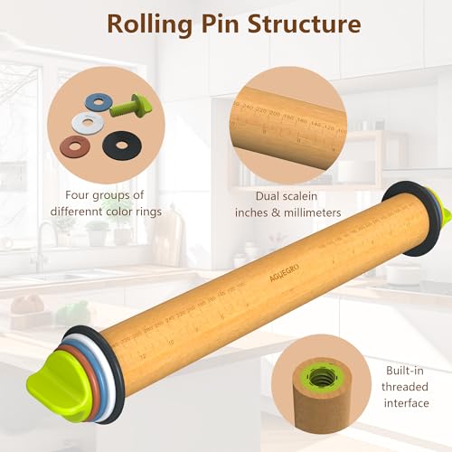 Rolling Pin with 4 Thickness Rings,Wooden Dough Roller For Baking - color: Rolling Pin