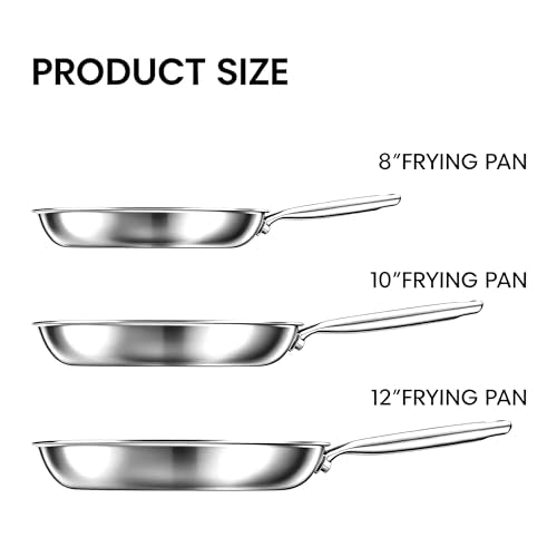 COOKER KING Tri-Ply Clad Stainless Steel Pans Set, 8, 10 & 12 Inch Skillets - size: 8+10+12 Inch