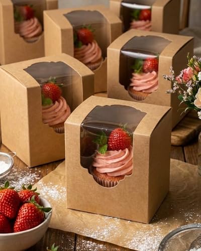 qiqee Brown Auto-pop up Cupcake Boxes Individual Cupcake 3.5x 3.5x 3.5inch 200pcs Single Cupcake Boxes - color: Brown, size: 200Pcs, 35Mini