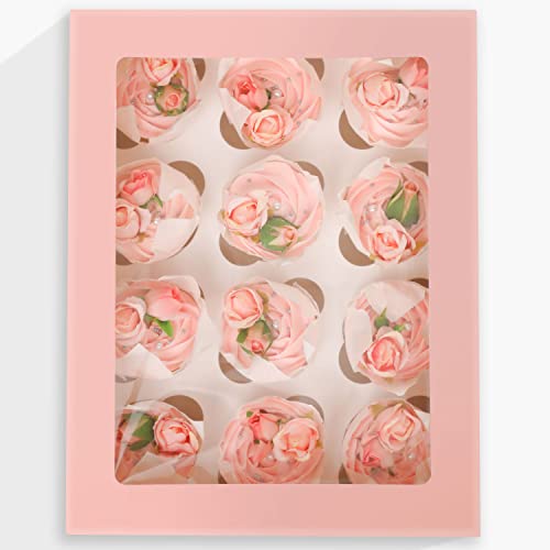 qiqee Auto-pop Up Cupcake Boxes with Window Pink 40PCS 12 Count Cupcake Box 13"x10"x3.5" Cupcakes Carrier, 12 Cupcake Containers with 2 rolls of pink ribbons - color: Pink, size: 12 Holder/40 Packs