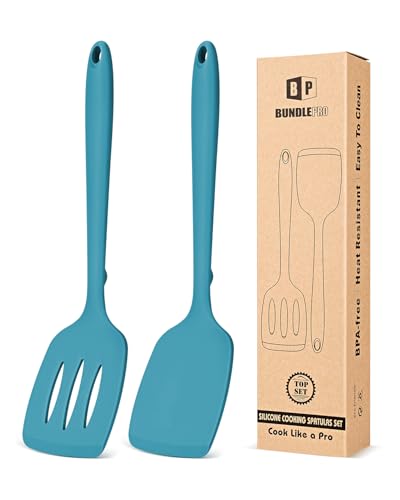 BUNDLEPRO Silicone Spatula, Solid & Slotted Turner, One-Piece, 2 Pack, Blue - color: Blue
