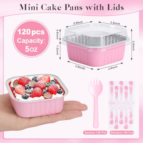 120 Pack 5oz Mini Cake Pans with Lids,Pink Aluminum Foil Cake Tins - color: Pink, size: 120 Pack 5oz