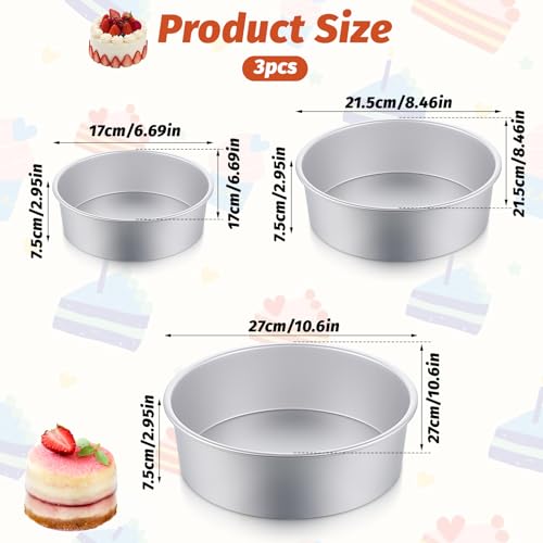 3 Pack Cake Pan Round, 6 inch/8 inch/10 inch Aluminum Baking Pans for Layer Cakes Metal Tier Cake Tins Heavy Duty Non-Stickfor Birthday Wedding Party, Home Kitchen, 3inch Depth