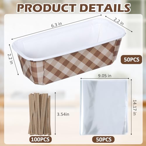 50 Sets Paper Loaf Pans for Baking 6.3 x 2.2 x 2.2 Inch Disposable Paper Baking Pans with Clear Plastic Bags and Kraft Ties Rectangle Cake Mold for Bread Sweets Tea Party (Brown Plaid) - style: Brown Plaid
