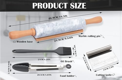 Marble Rolling Pin Set with Silicone Pastry Mat,Pastry Brush,Cooking Tongs,Stainless Steel Scraper18.5 inch Polished Non-Stick Roller for Pizza Dough,Fondant,Pie Crust(Gray White) - color: White Set
