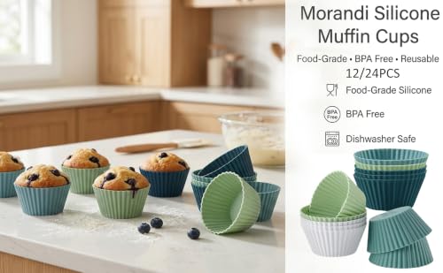 12pcs Silicone Cupcake Baking Cups,Reusable Muffin Liners,Lunch Box Divider - color: 12pcs in Navy,Dusty Blue,Green,White