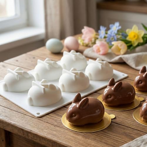 Pastry Tek 6 Cavities Chocolate Bunny Mold, 1 Oven-Ready Easter Candy Mold - Flexible, Freezable, White Silicone Bunny Pan, Easy Release, For Baking - Restaurantware - size: 1 Count, style: Bunny