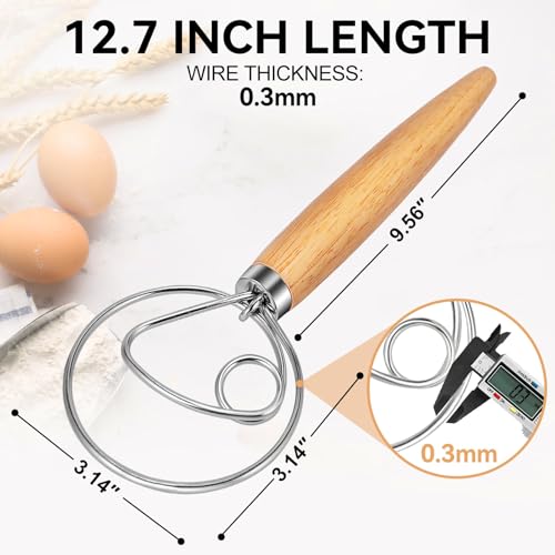TEEVEA Danish Dough Whisk Wooden Handle Stainless Steel for Sourdough Bread - color: White Ash Wood 1-eye