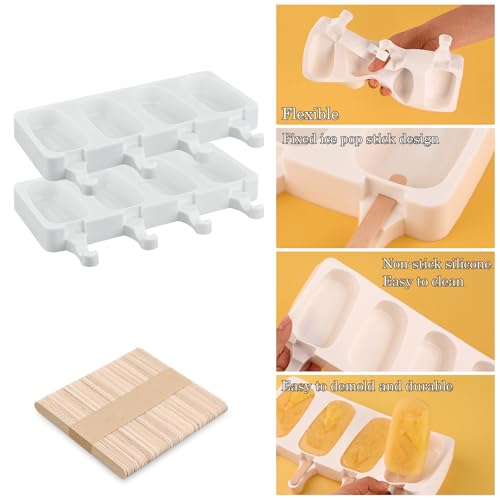 Sakolla 2 Pack 4 Cavity Popsicle Silicone Molds with 50 Wooden Sticks - size: 2 Pcs Large - White