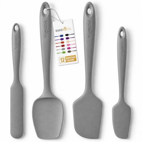 BakeRoyal Silicone Spatula Set, 600°F Heat Resistant, 4 Piece BPA-Free Food Grade Silicone Kitchen Utensils Set for Baking, Cooking & Mixing, Non Stick Silicone Cooking Utensils Set - Gray - color: Gray