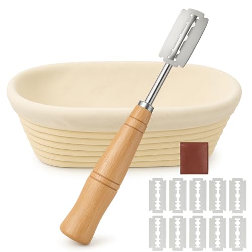 Saint Germain Bakery Oval Banneton Proofing Basket and Bread Lame Set – 10 Inch Rattan Basket with Liner, Razor Blades & Leather Cover – Sourdough Bread Baking Kit Gift for Artisan Bakers