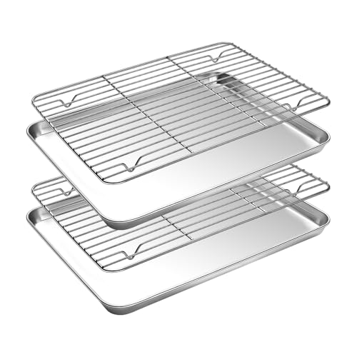 Baking Sheet with Cooling Rack Set(2 Baking Pans+2 Baking Racks), CEKEE Stainless Steel Non Stick Small Cookie Sheet Set, Size 10.39 x 8.07 x 1 Inch, Easy to Clean Small Baking Sheet with Rack Set - size: 10 inch