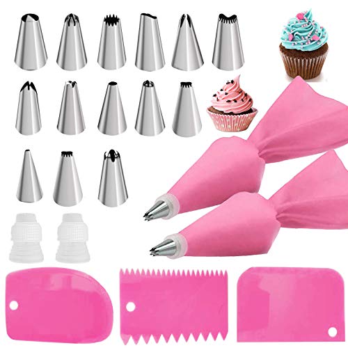 Jutoe 22Pcs Piping Bags and Tips Set, Reusable Silicone Pastry Bag, Pink