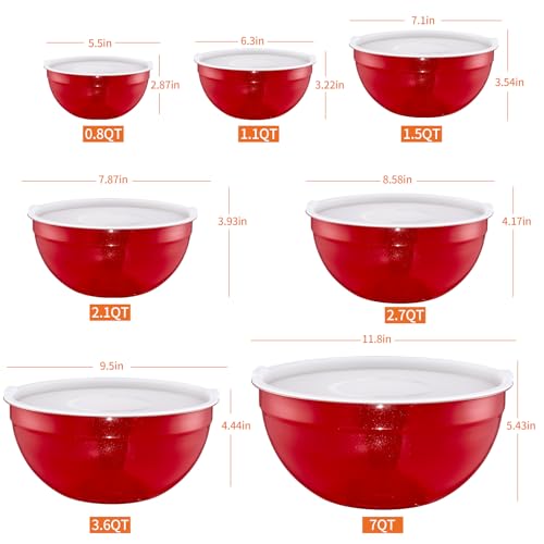 Red Mixing Bowls with Airtight Lids, Stainless Steel Nesting Mixing Bowls Set of 7, Ideal for Baking, Prepping and Serving Food, Size 7, 3.6, 2.7, 2.1, 1.5, 1.1,0.8 QT, Stackable Design - color: Red, size: 7 Pieces