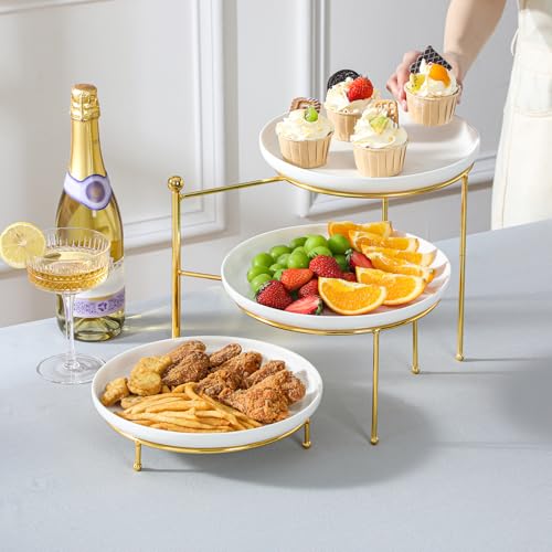 MALACASA Round 3 Tier Serving Tray, 10.25" White Porcelain Dessert Stand - color: White Gold