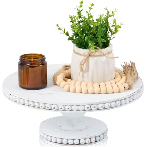 Rustic 12 Inch Round White Wood Cake Stand, Pedestal for Wedding