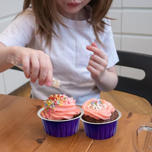 100Pcs Aluminum Cups with Lids,5oz Disposable Ramekin Baking Cups Muffin Liners Mini Pie Pans Foil Cupcake Containers for Christmas Party Wedding Party,Dark Purple - color: Dark Purple