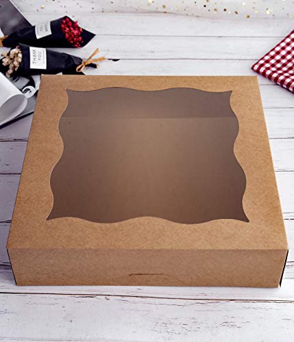 CHERRY 12"x12"x3" Brown Bakery Boxes with PVC Window for Pie and Cookies Boxes Large Natural Kraft Paper Box, Pack of 12