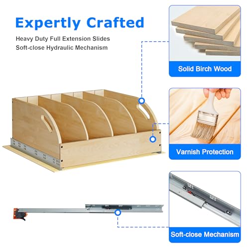 WelFurGeer Birchwood Pot and Pan Organizer with Soft-Close Drawer, Pull Out Cabinet Organizer, Heavy-Duty Slide-Out Storage for Baking Sheets, Cutting Boards, and Kitchen Utensils - size: 23"W X 21"D