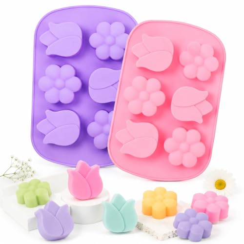 SJ Silicone Molds for Crafts, Tulip & Flower Resin Mold, 2 Pack 6 Cavity - color: Pink+Purple / 3 Flower Shape