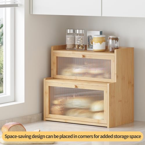 Double Layer Bamboo Bread Box for Kitchen Counter,Bread Holder,Countertop Bread Storage with Window (Natural) - color: Natural