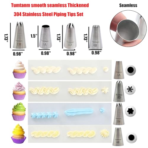 Professional Large Piping Nozzles, 4pcs Stainless Steel Seamless Icing Piping Nozzle Tip Set for Cakes, Cupcakes and Baking