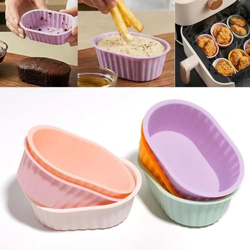 Oval Silicone Baking Cups for Air Fryer and Bento Reusable Cupcake Liners 8-Pack Small Nonstick Muffin Molds Mini Loaf Pans Pink Purple