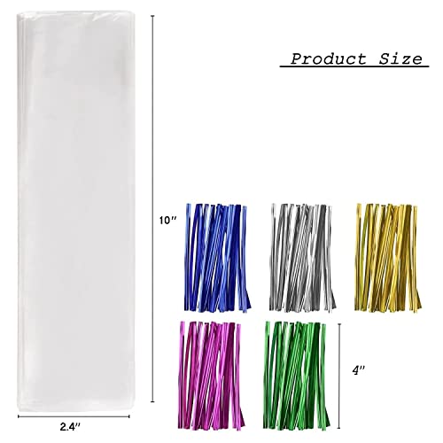 Tecbeauty 300 Cellophane Bags 2.4 x 10 Treats Bag Clear Pretzel Rod Bags, Twist Ties 300 - color: 2x10 Inch