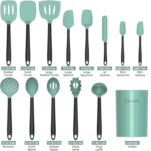 Coukre Silicone Kitchen Cooking Utensils Set, Heat Resistant, 14-Piece - color: AquaGreen