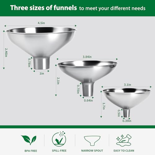 3-Piece Stainless Steel Kitchen Funnel Set, Includes 3 Sizes for transferring seasonings, Oils, Liquids, Dry Goods and Powders. Durable and Reusable, with Easy Cleaning.