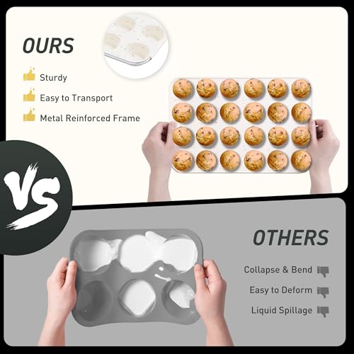 Socisen 2 Pack 24 Cups Silicone Mini Muffin Pan with Metal Reinforced Frame Silicone Molds Cupcake Cake Baking Cheesecake Pans Cookie Baking Chocoflan Cupcake Mold Mini Bundt Cake Pan Women Gift - color: Cream, size: 2pc: 24-Cup Mini