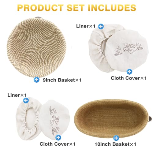 Nikkar Banneton Bread Proofing Basket Set of 2, 9 10 11 inches - size: 9"Round+10"Oval