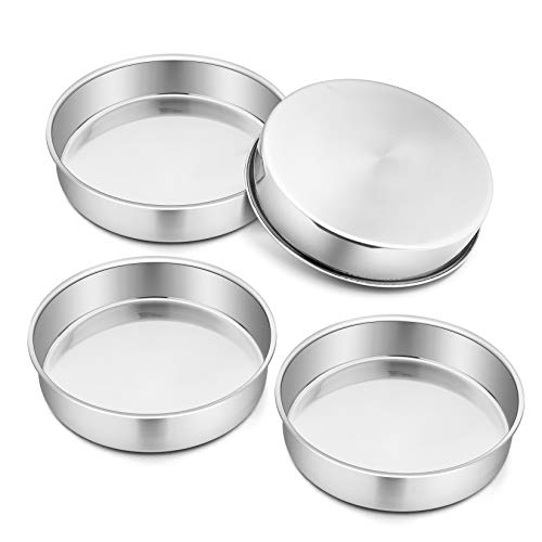 P&P CHEF 9.5 Inch Cake Pan, Stainless Steel Round Cake Pans, Silver & 4 Pcs - color: Silver, size: 9.5 Inch