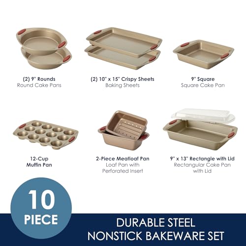 Rachael Ray Cucina Nonstick Bakeware Baking Pans Set, Baking Set 10-Piece - color: Latte Brown with Cranberry Red Grips, size: 10 Piece