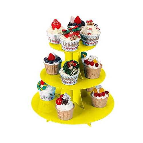 YLDW Cupcake Stand, 3-Tier Cupcake Stand Display, Cardboard Cup Cake Tower Stand, Disposable Dessert Stand for Birthday Tea Party Baby Shower Treat Decorations, Yellow - color: Yellow