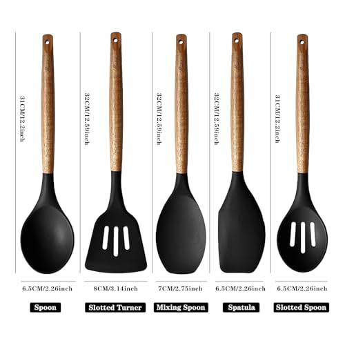 Kitchen Utensils Set, Silicone Cooking Utensils Set,Non-Stick Silicone Spatula Set with Natural Acacia Hard Wood Handle, 5 Piece, Upgraded Thickened Cookware - color: Black
