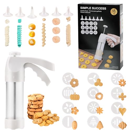 Cookie Press Gun White - Spritz Cookie Press Kit with 12 Discs & 6 Piping Tips | Perfect for Thanksgiving Christmas, Baking & Cake Decorating