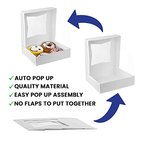 MT Products White Cookie Boxes - Size of 8" X 8" X 2.5" - (25 Pieces) Auto Pop-Up Bakery Boxes with Window - Made in the USA - color: White