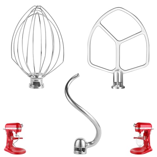 Stainless 3 Piece kit Attachments for KitchenAid 5 Plus- 6QT Mixer - size: Wire Whip+Dough Hook+Flat Beater