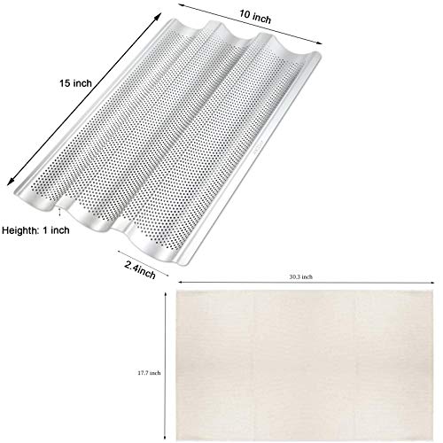 AYCCNH Stainless Steel Perforated French Baguette Bread Pan 3 Waves Toaster Oven Baking Tray (15"x10") with Large Bread Proofing Cloth (17.7" x 30.3") - size: 1 Steel Pan & Cloth