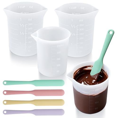 Palksky Silicone Chocolate Melting Cup Set with 4 Silicone Measuring Cups (250ml & 350ml) and 4PCS Heat-Resistant Jar Spatulas, Non-Stick Baking Tools for DIY Chocolate, Butter & Cream Mixing - size: Jar Spatulas*4 +250ml*2+350ml*2