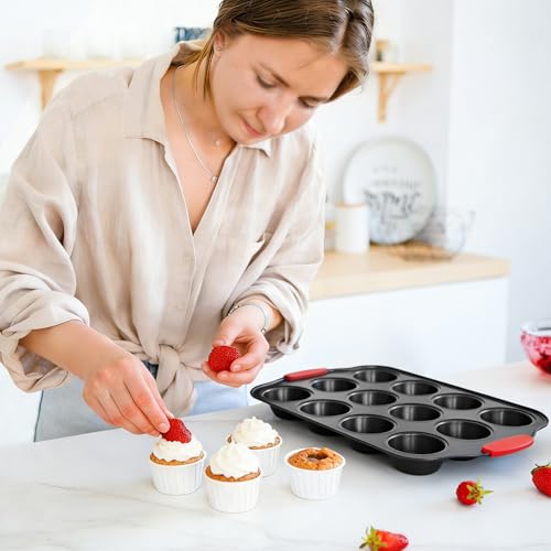 Mini Muffin Pan 12 Cup Muffin Pan with Silicone Grip Handles - color: Black, size: 12 Cup Muffin Pan