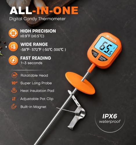 BOMATA Digital Candy Thermometer with Pot Clip, 10" Probe, IPX6 Waterproof - size: 10"
