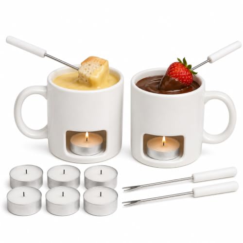 2-Pack Ceramic Fondue Cheese Mugs, 4 Forks & 8 Candles, White - color: White, size: 2 Pack