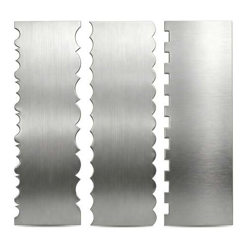 3 Pack Stainless Steel Cake Scraper Set, 8.66 Inch Double-Sided Pattern Edge Cake Decorating Combs for Buttercream, Frosting, Mousse and Baking Projects
