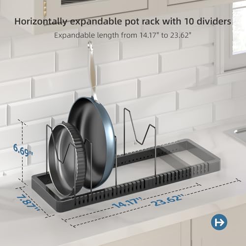 PanPanPal Pots and Pans Organizer under Cabinet, Expandable Pot Lid Organizer Holder with 10 Adjustable Compartment, Pan Organizers inside Cabinet for Lids, Bakeware, Kitchen Storage Pot Rack, Black - size: 10 Dividers