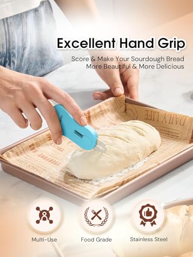 CLUEAPOP Bread Lame for Dough Scoring, Magnetic & Reusable Bread Lame Dough Scoring Tool, Anti-Slip Handle with Long Retractable Razor Blades, Sourdough Scoring Tool for Bread Making - color: LightBlue
