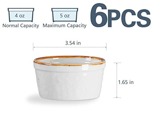 ONEMORE Ramekins 4 oz, Oven Safe Creme Brulee Ramekin Set of 6 for Baking, Speckled Ceramic Souffle Dishes with Brown Rim for Pudding Ice Cream, Porcelain Custard Cups Mini Bowls - Creamy White - size: 4 oz